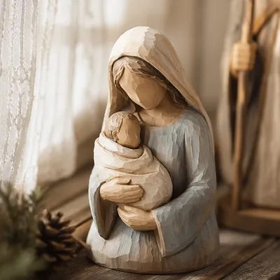 Praying Mother and Child Wooden Figurine