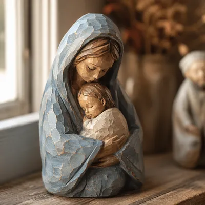 Mother and Child Prayer Figurine in Soft Light