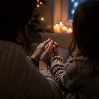 Mother and Child Seasonal Prayer in Soft Light