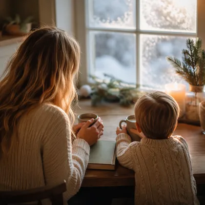 Mother and Child Praying on Winter Morning