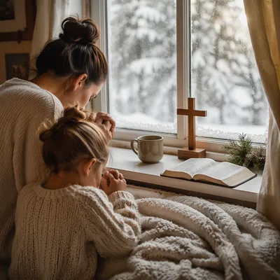 Mother and Child Praying by Winter Window