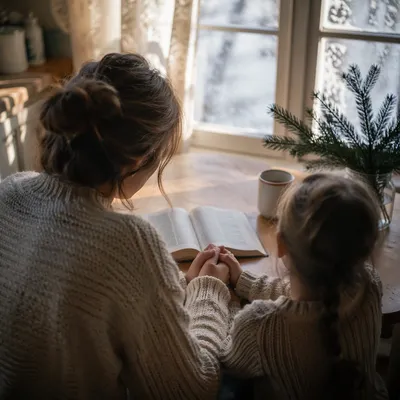Mother and Child Praying in Winter Light