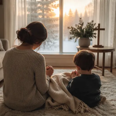 Mother and Child Praying by Winter Window