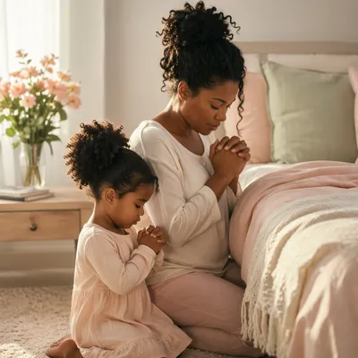 Mother and Daughter Praying by Bedside