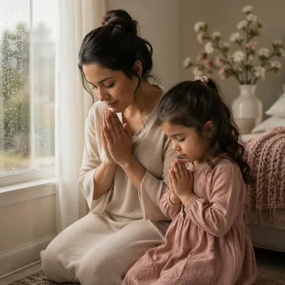 Mother and Child Praying by Window