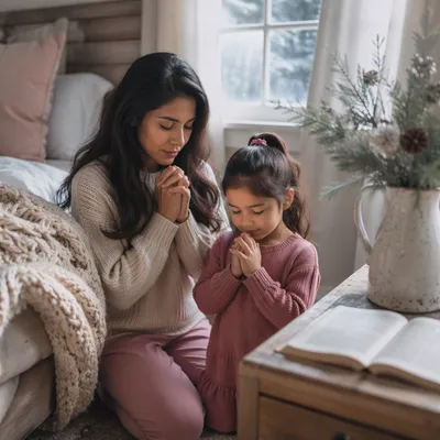 Mother and Daughter Praying by Bed