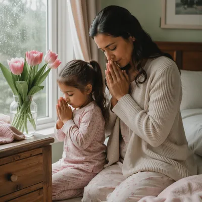 Mother and Child Praying by Window