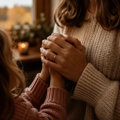 Mother and Child Praying in Soft Autumn Light