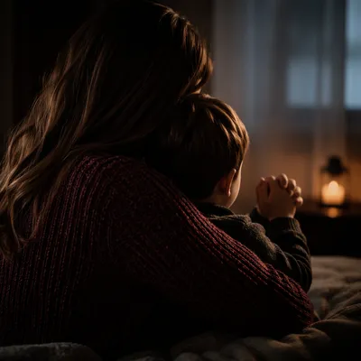 Mother and Child Praying in Winter Light
