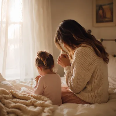 Mother and Child Praying in Winter Morning Light