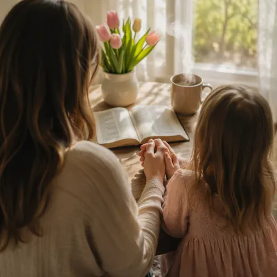 Mother and Child Praying in Spring Light