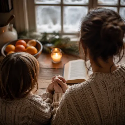 Mother and Child Praying in Winter Light