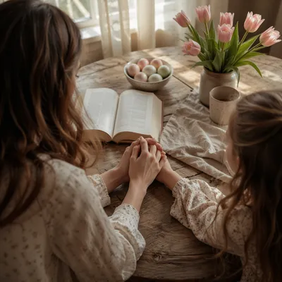 Mother and Child Praying in Spring Light