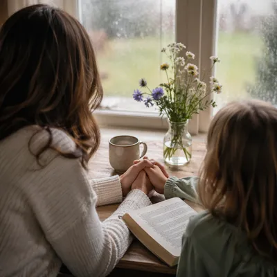Mother and Child Praying in Spring Light