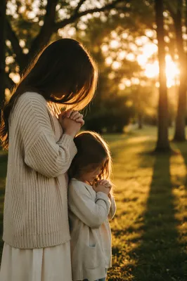 Mother and Child Praying in Golden Park