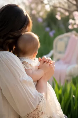 Mother and Infant Praying in Spring Garden