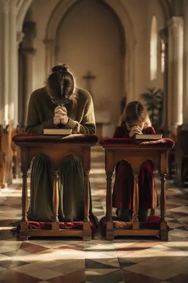Mother and Child Praying in Winter Chapel