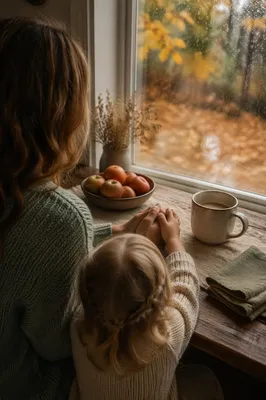 Mother and Child Praying on Autumn Morning