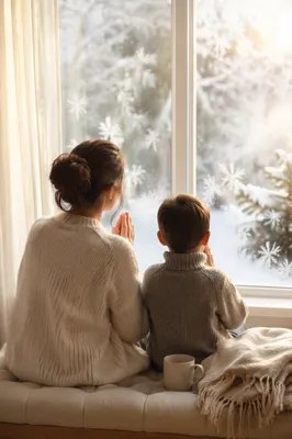 Mother and Child Praying by Winter Window