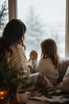 Mother and Child Praying by Winter Window