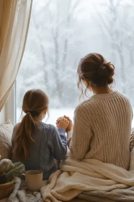 Mother and Child Praying by Winter Window