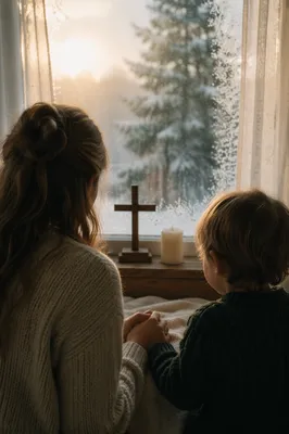 Mother and Child Praying by Winter Window