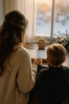 Mother and Child Praying in Winter Light