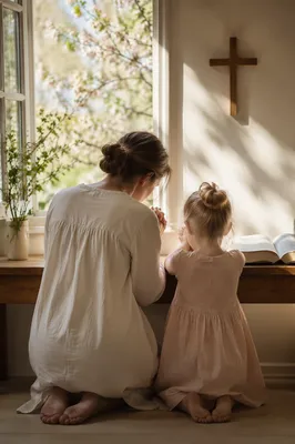 Mother and Child Praying in Spring Light