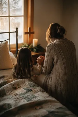 Mother and Child Praying on Winter Morning