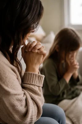Mother and Child Praying in Soft Light
