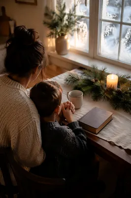 Mother and Child Praying on Winter Morning