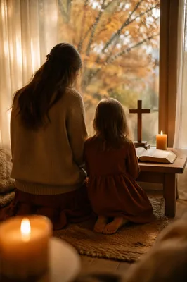Mother and Child Praying in Autumn Light