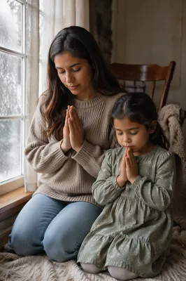 Mother and Daughter Praying by Window