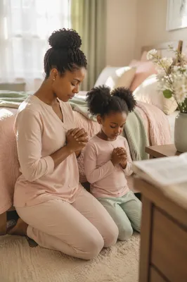 Mother and Daughter Praying by Bedside