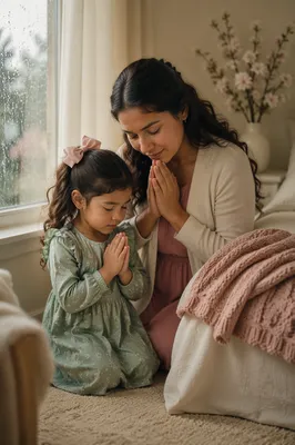 Mother and Child Praying by Window