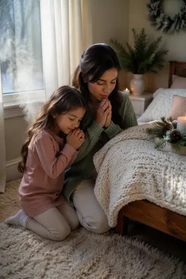Mother and Daughter Praying by Bed