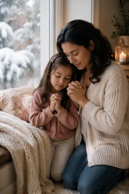Mother and Daughter Praying by Window