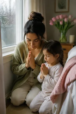 Mother and Child Praying by Window