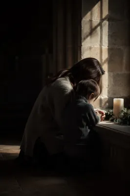 Mother and Child Praying in Winter Chapel