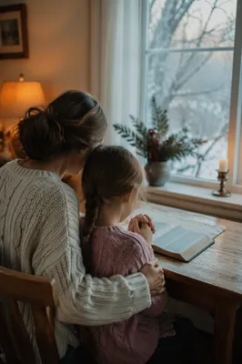 Mother and Child Praying in Winter Light