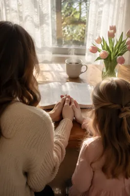 Mother and Child Praying in Spring Light