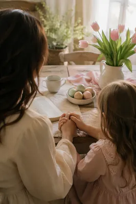 Mother and Child Praying in Spring Light