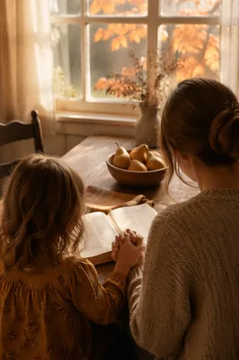 Mother and Child Praying in Autumn Light
