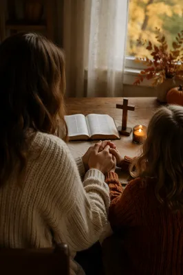 Mother and Child Praying in Autumn Light