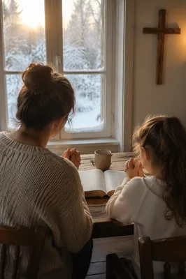 Mother and Child Praying on Winter Morning