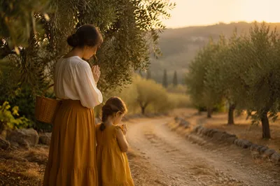 Mother and Child Praying at Golden Hour