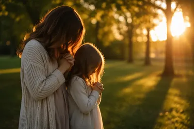 Mother and Child Praying in Golden Park