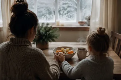 Mother and Child Praying on Winter Morning
