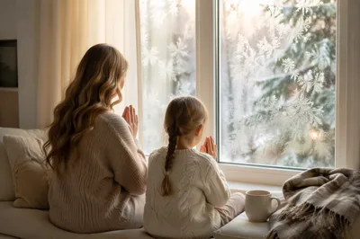 Mother and Child Praying by Winter Window