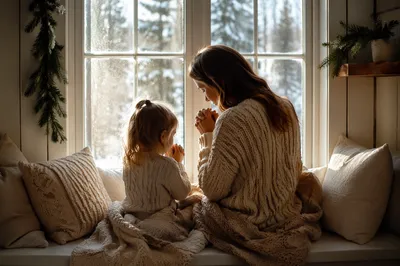 Mother and Child Praying by Winter Window